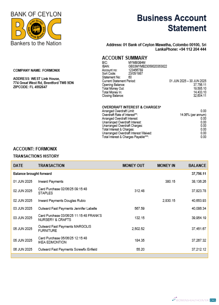 Download Sri Lanka Bank of Ceylon firm account statement Word and PDF template Photoshop template